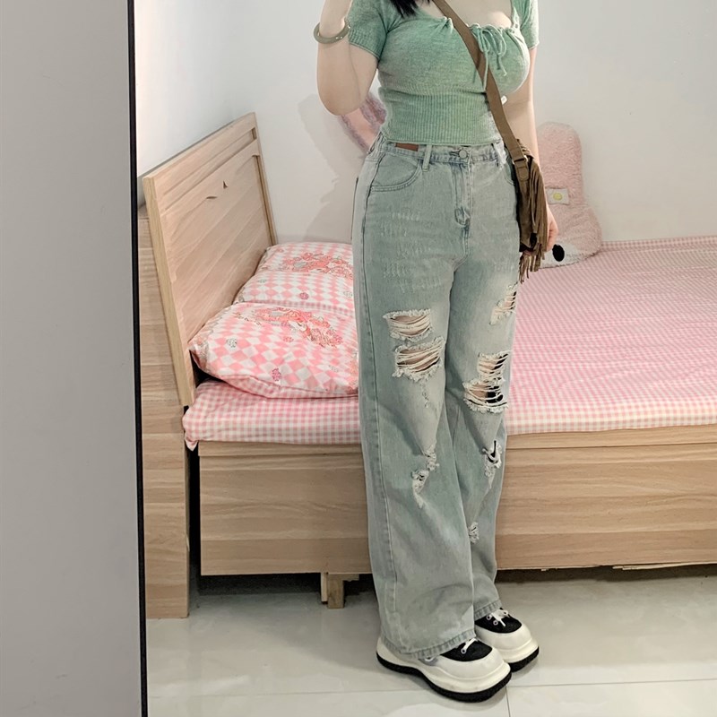 300斤胖mm梨型身材大码高腰显瘦阔腿裤破洞牛仔裤女夏设计感裤子