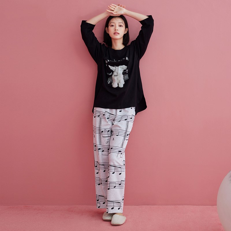 睡衣女春秋款长袖长裤休闲宽松套头黑色家居服可外穿出门套装