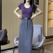 减龄洋气显瘦套装2023夏季新款U领T恤短袖+P半身裙包裙两件套长裙