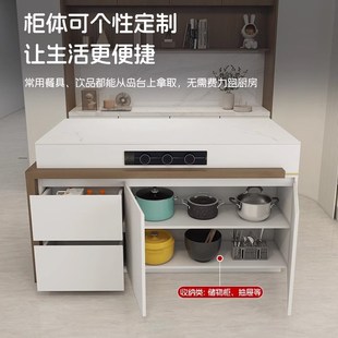 多功能现代简约吧台旋转岛台餐桌一体可伸缩家用中餐厅岩板倒台柜