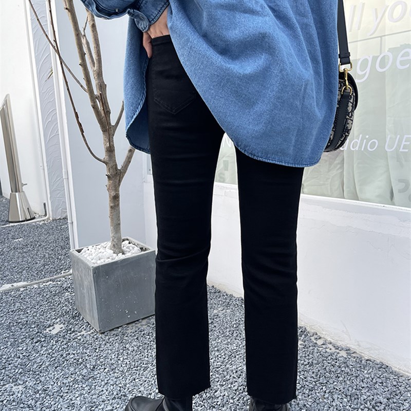 木木崧大码直筒小黑裤女2022年春季高腰水洗直筒裤胖mm黑色牛仔裤
