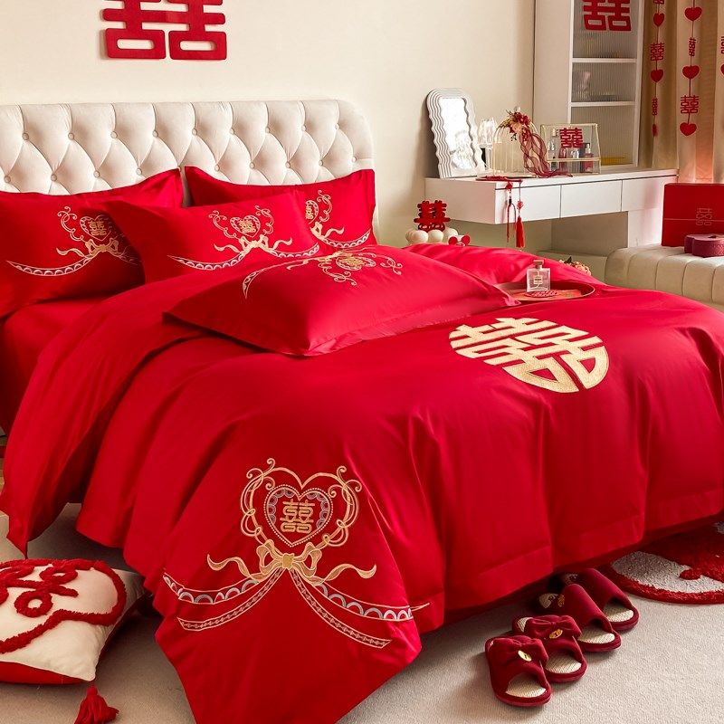 高档中式百子图刺绣婚庆四件套大红新房备婚被套纯棉结婚床上用品,床上用品,婚庆床品套件,淘宝优惠券,粉丝福利购,淘宝优惠卷