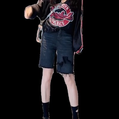 2024夏季新款大码薄款破洞牛仔短裤女胖mm梨型身材显瘦中裤五分裤