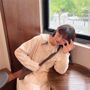 森系复古花纹编织少女蕾丝花边开衫 毛衣甜美镂空针织减龄毛线外套