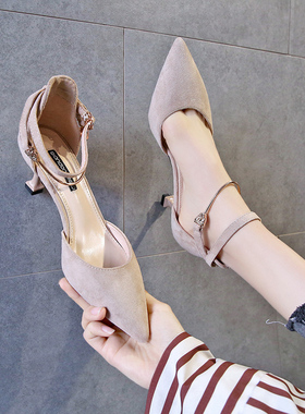 一字带凉鞋c女2021新款春季细跟百搭包头时装黑色春款中空高跟鞋