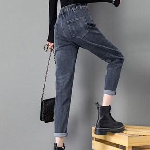 子松紧腰小脚哈伦 女宽松高腰秋冬显瘦老爹裤 韩版 加绒加厚牛j仔裤