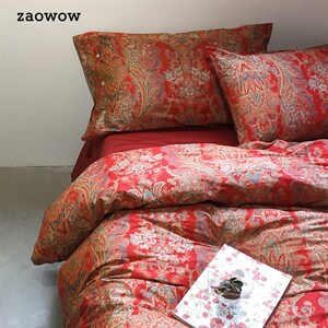 速发造卧zwow中式婚礼庆红色印花卉床品套件60支长绒棉贡缎轻奢四