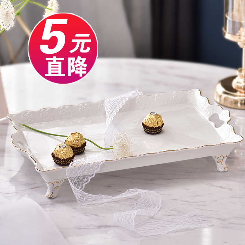 陶瓷托盘长方形家用欧式茶具咖啡杯玻璃水杯蛋糕收纳盘描金花茶盘