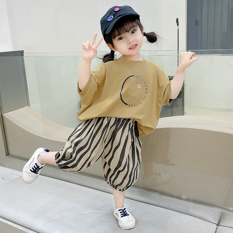 女童夏季套装2022新款薄款短袖t桖条纹裤儿童宝宝衣服童装两件套