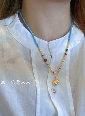 古法金绿松石新中式天然绿松石葫芦吊坠毛衣炼女饰品项链