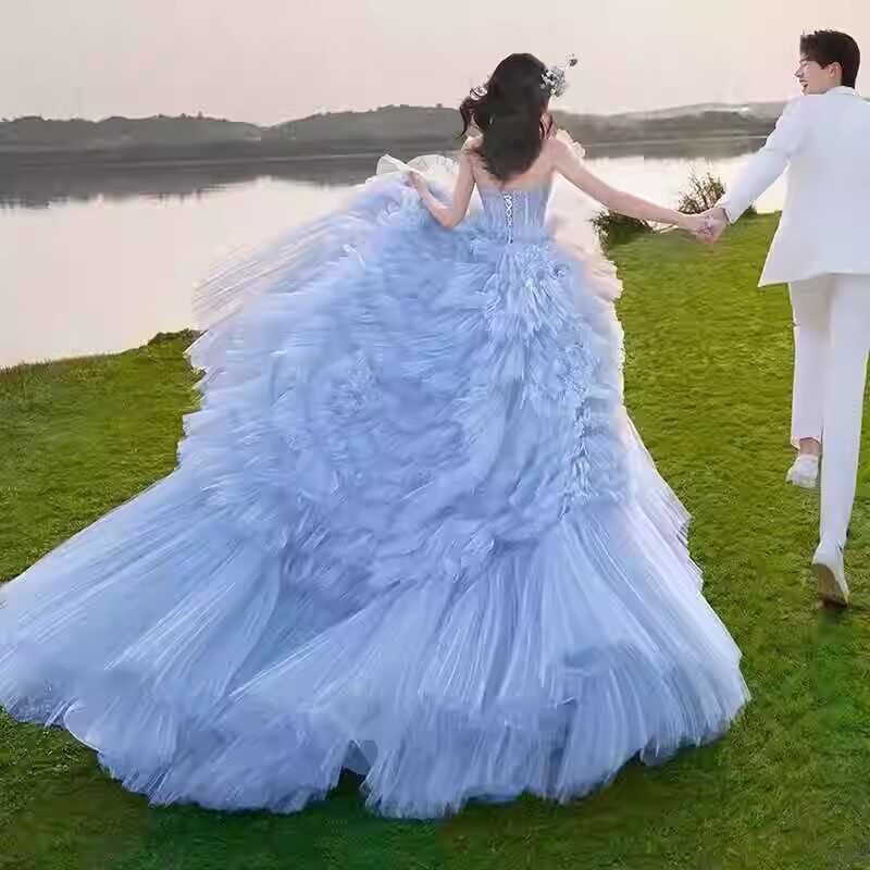 蓝色新款彩纱女蓬蓬裙抹胸旅拖尾婚纱礼服影楼主题街森系拍照服装