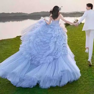 蓝色新款 彩纱女蓬蓬裙抹胸旅拖尾婚纱礼服影楼主题街森系拍照服装