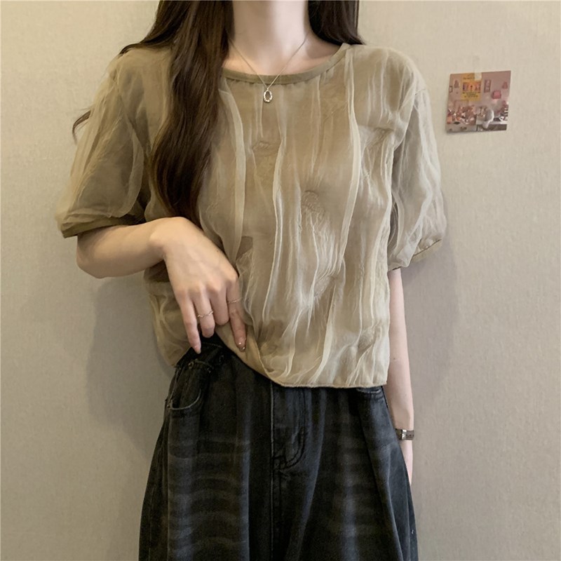 热销设计高级感网纱上衣女装大码胖mm显瘦宽松短袖t恤夏短款甜美