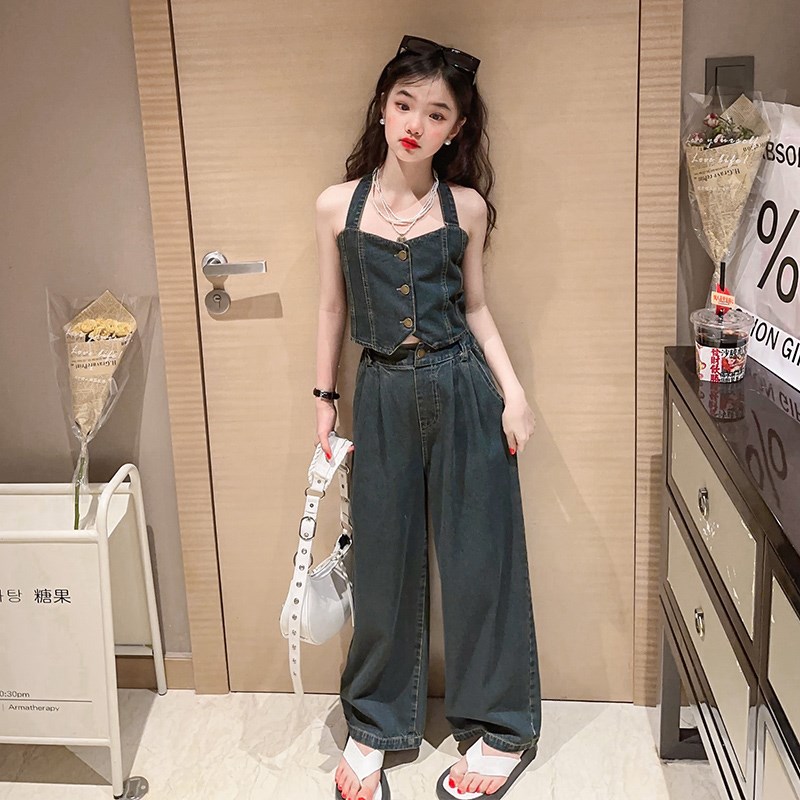 新品女童夏装套装2024新款儿童网红洋气女孩夏季薄U款时髦牛仔两