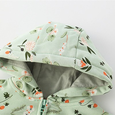 女童带帽子薄外套宝宝碎花绿色连帽卫衣小儿童秋装女孩拉链衫夹克