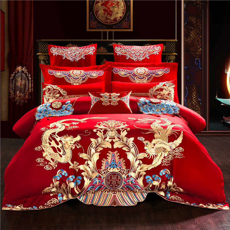 婚庆四件套大红色全棉刺绣结婚床上用品喜被套床单六件套床品,床上用品,婚庆床品套件,淘宝优惠券,粉丝福利购,淘宝优惠卷