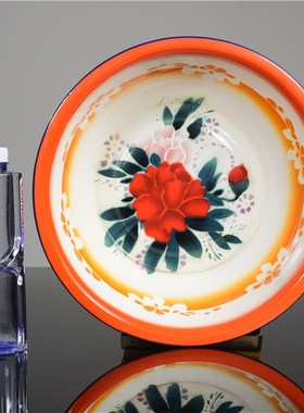 老物件怀旧搪瓷脸盆花卉喜字图案旧搪瓷脸K盘收藏道具装饰摆设洗