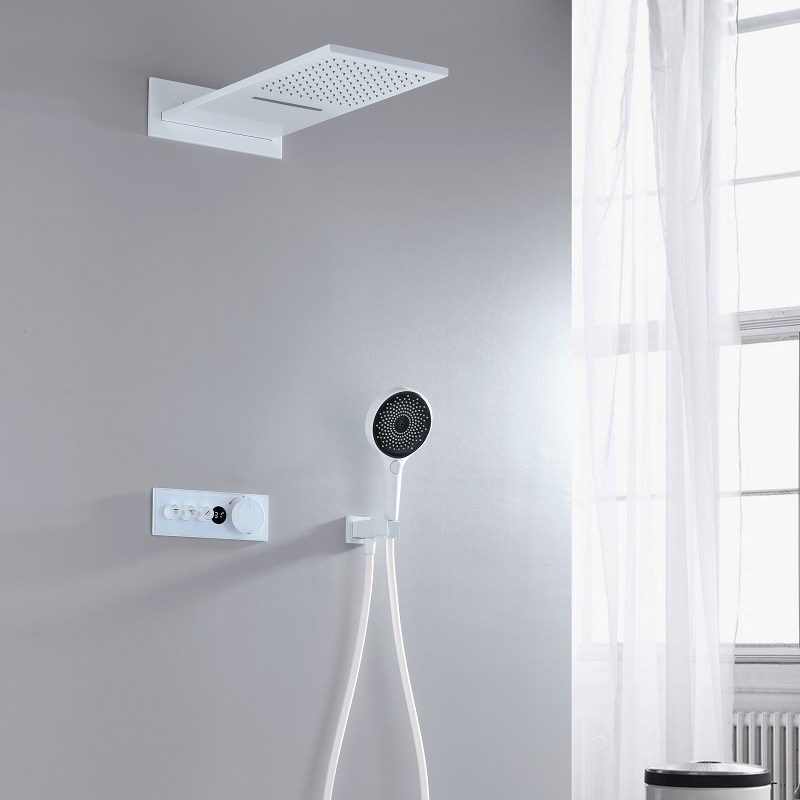 德国枪灰色恒温数显花洒套装浴室暗装入墙式全铜预埋增压淋浴器