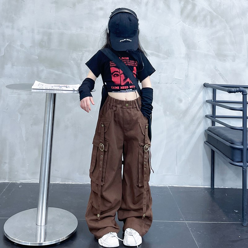 热销女童工装裤套装2024新款女大童洋气春装韩版酷飒穿搭炸街嘻哈