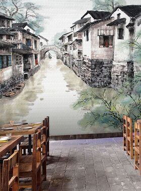 3D江南水乡水墨壁纸古典江湖饭店背景墙布徽派建筑火锅闽南壁画