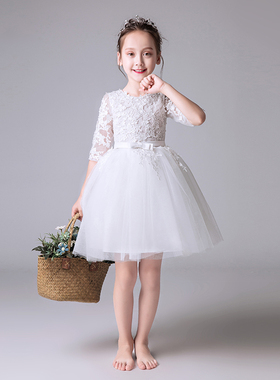 2020新款儿童礼服公主裙v女童蓬蓬纱生日白色小花童长袖钢琴演出