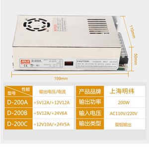 速发双组5V12A12V12A开关电源D-200A 5V12V双路输出LED贝多宁明