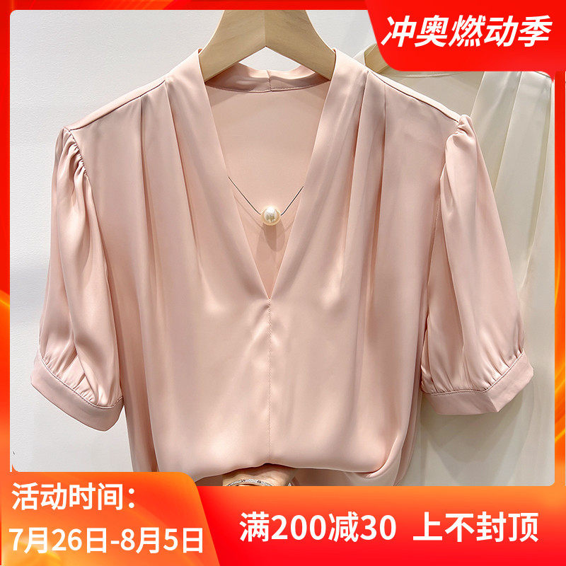 2024夏季新款韩国V领珍珠链条纯色套头短袖雪纺衬衫女夏薄款上衣
