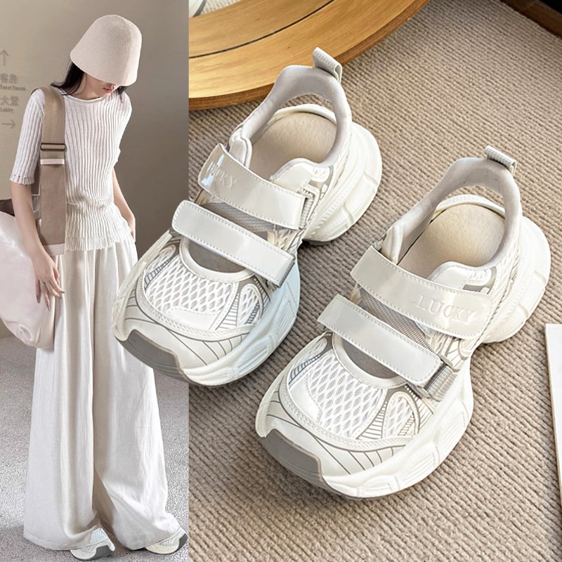 运动凉鞋女2025夏季新款洞洞鞋镂空F透气魔术贴厚底增高薄款老爹