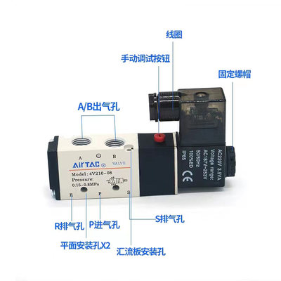 极速亚德客电磁阀4v210-08 220 24V二位五通气缸气动控制换向电子