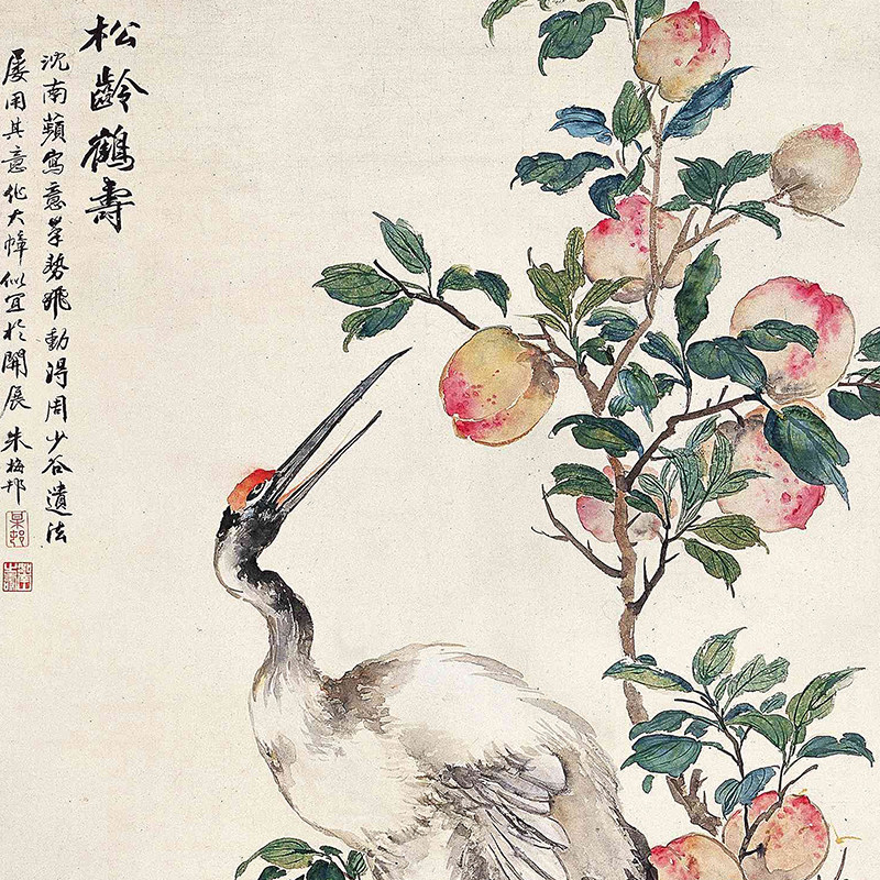 现货速发国画松龄鹤寿图卷轴画仙桃祝寿拜寿礼品丝绸画家居客厅装