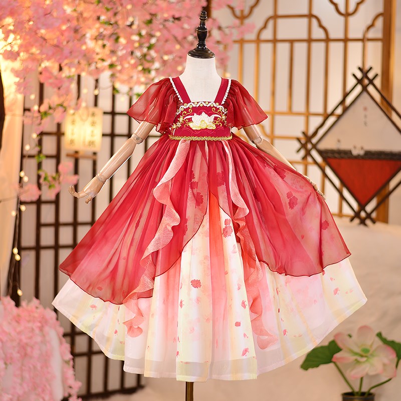 热销儿童夏装汉服超仙古装女童2024新款女孩古风唐装公主连衣裙子