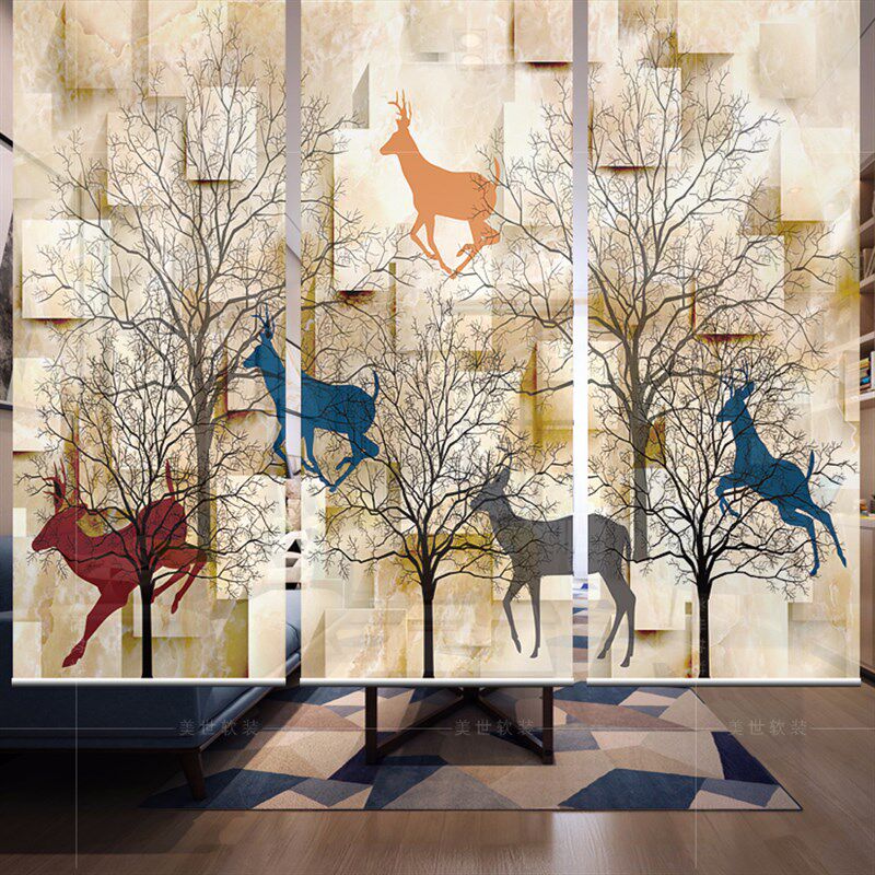 欧式挂式屏风隔断玄n关帘软隔断时尚客厅玄关挂帘卷帘 彩色麋鹿