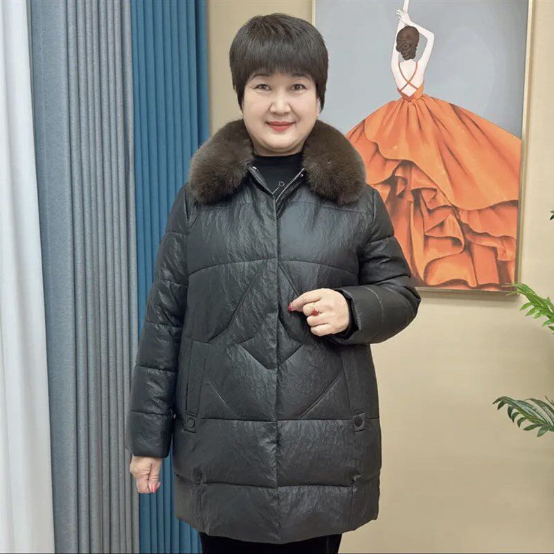 2023冬季新款PU皮加厚棉衣中年妈妈装大尺码毛领皮衣保暖中长版外