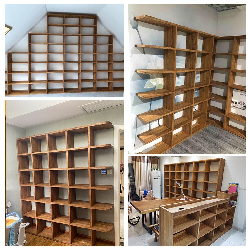 xy定 做老榆木原木书架满墙阁楼书柜简J约落地吊柜格子架实木书柜