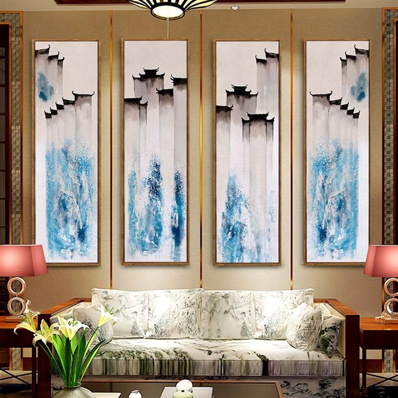 现代中式水d墨装饰画客厅沙发背景竖版四联书房茶室玄关抽象晶瓷