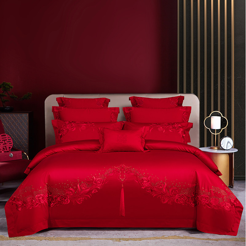 新婚庆牀上全棉四件套纯棉大红色绣花传统结婚被罩牀单式喜庆牀品