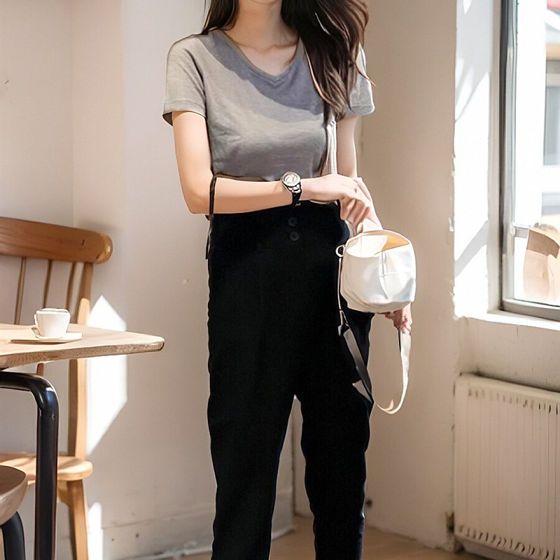 小个子减龄黑色背带裤女2024春夏纽扣收腰显瘦S纯色休闲九分裤潮