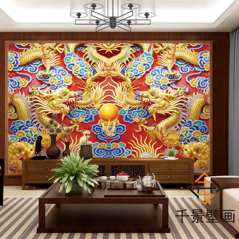 18d金色浮雕九龙戏珠壁纸玄关壁画墙纸酒店宾馆过道走廊背景墙布