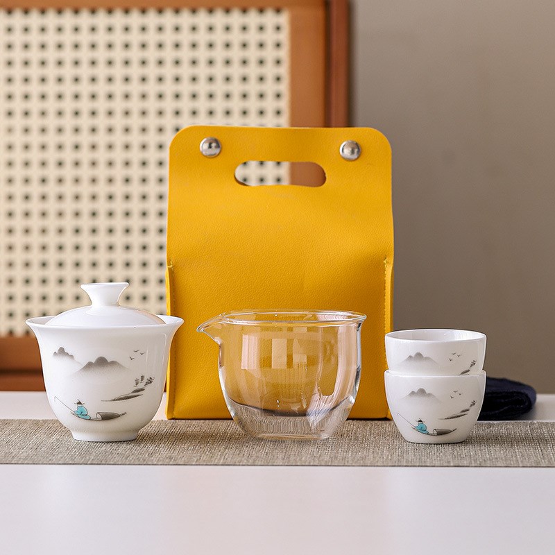 一壶二杯收纳包陶瓷户外泡茶盖碗羊脂玉便K携式旅行茶具小套装快