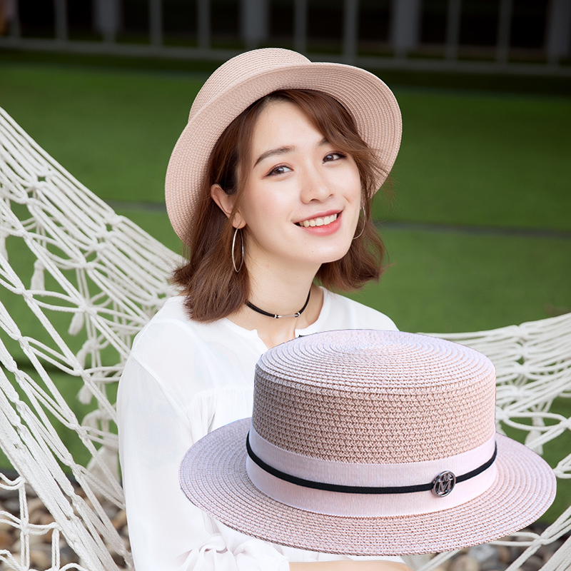 帽子女帽潮流韩版百搭m标平顶z小沿礼帽夏天粉色草帽女夏小清新