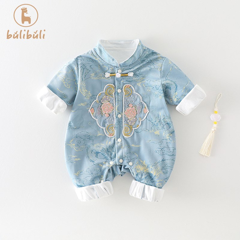 新生婴儿衣服秋装男宝宝新中式连体衣春秋季外出满月百天哈衣爬服