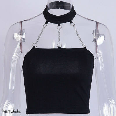 新品l Punk Style Choker Halter Top Black Women Sexy Y2K Fash