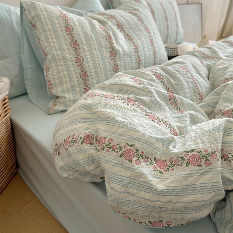 梨梦 弥花蓝集 提花水洗棉四件套全棉床单被套宿舍床上用品,床上用品,床品套件/四件套/多件套,淘宝优惠券,粉丝福利购,淘宝优惠卷