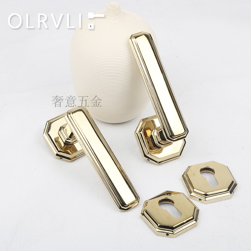 artdeco风格原木门锁 意大利金色黄铜分体门锁静音室内法式门锁把