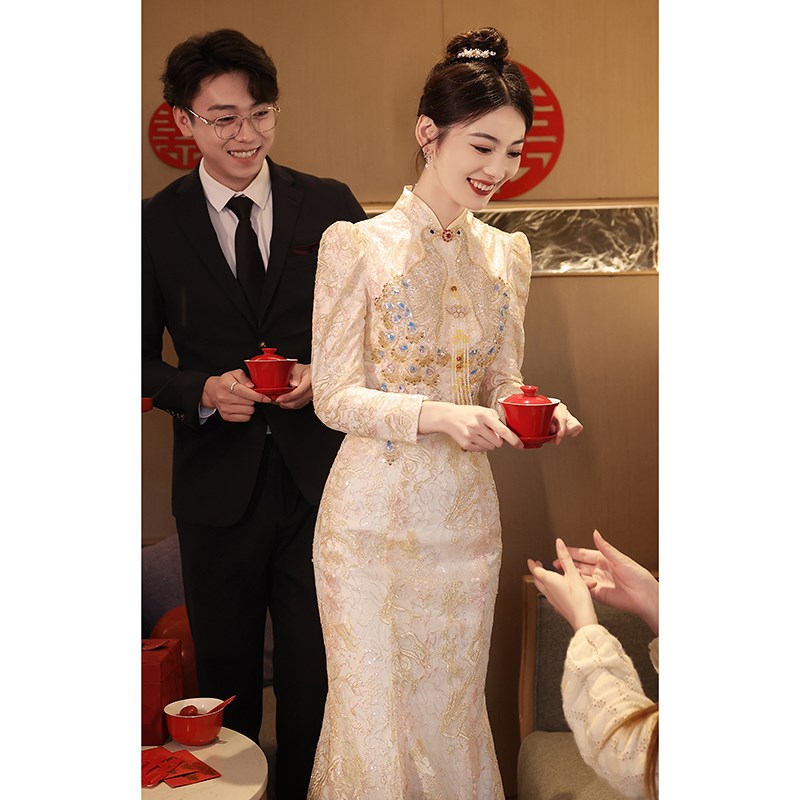 现货新中式旗袍敬酒服新娘2024鱼尾回门订婚礼服裙高端轻奢小众高