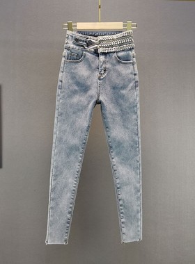 白色加绒牛仔裤女加厚p保暖冬新款棉弹高腰修身显瘦欧货镶钻小脚