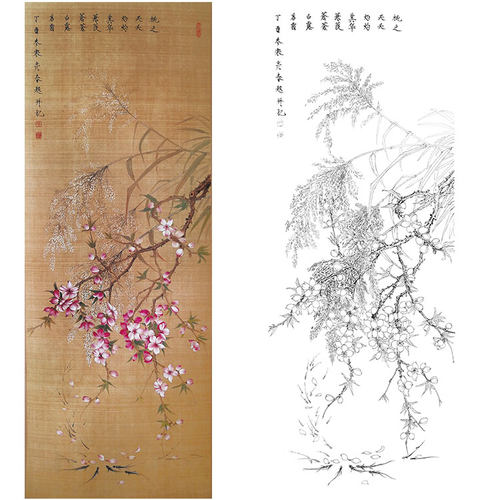 工笔画白描底稿桃花楚彦春复古风花鸟勾线实物打印稿尺寸可选CY06