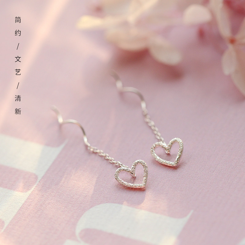现货纯银波浪爱心耳线女长款气质镂空心形耳环20Q21新款潮耳饰圆