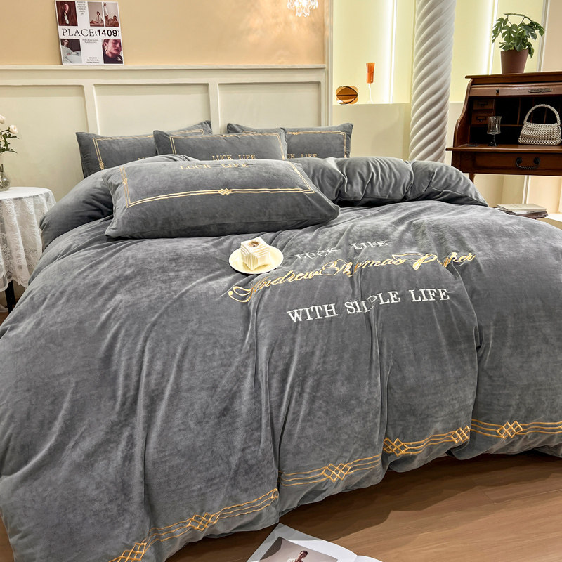 高级感欧式四件套婴儿绒加厚保暖双面绒床笠样板间黑色4件套床品,床上用品,婚庆床品套件,淘宝优惠券,粉丝福利购,淘宝优惠卷