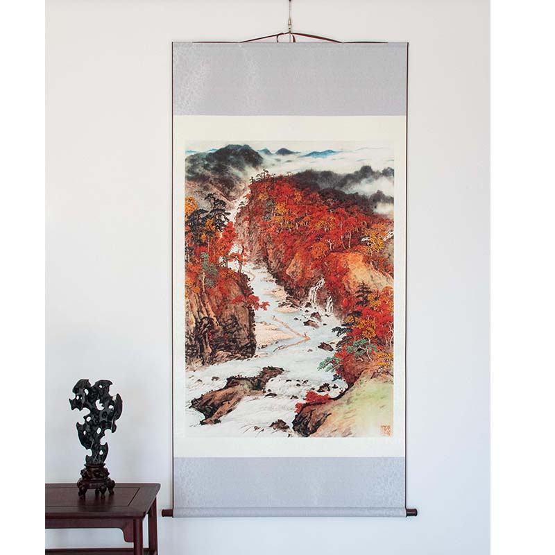 国画山水立轴近代关山月秋溪放z筏图水墨写意装饰玄关中堂大幅竖